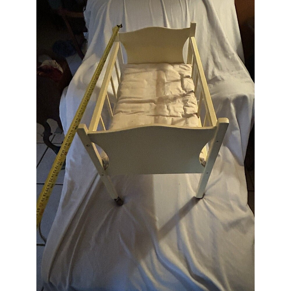 Vintage Wood Rolling Toy Baby Doll Crib with Wheels - Mid Century Retro